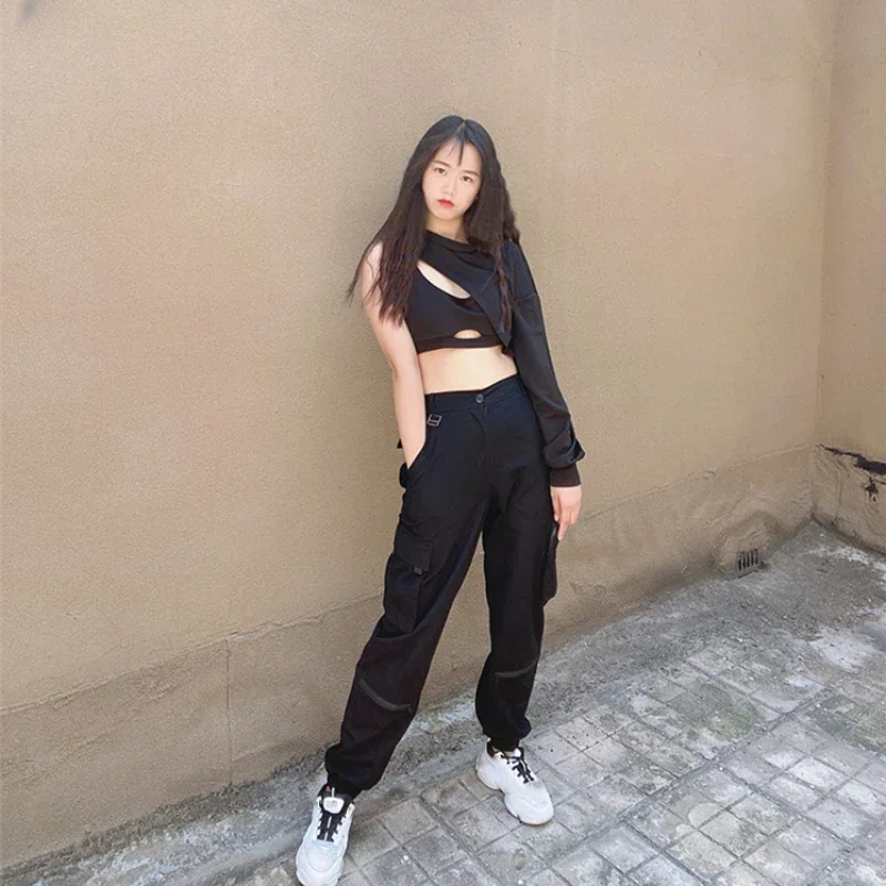 Kpop Korean Singer Black Cropped Vest Hoodies Dance Outfits Jazz Stage Costume Nightclub Women Group Hip-Hop Dance Pants