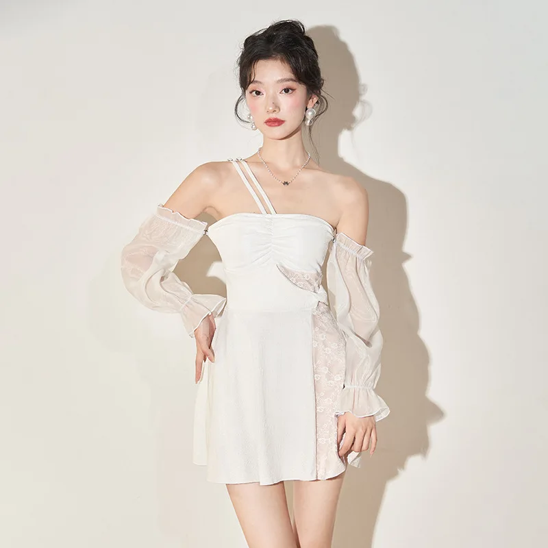 

South Korea Fashion Swimwear Women's Conservative Skirt Style One Piece Small Chest Casual Coverup Show Thin Hot Spring Suit