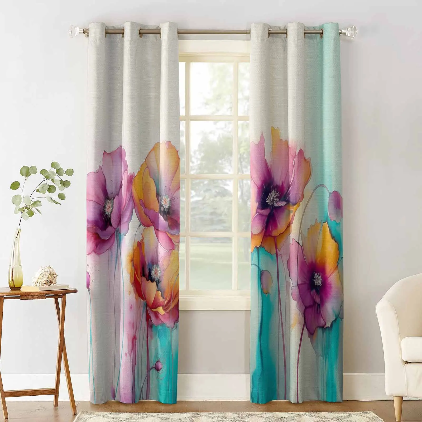 Spring Watercolor Poppy Flower Plant Window Curtains for Living Room Kitchen Curtain Bedroom Decorative Window Treatments