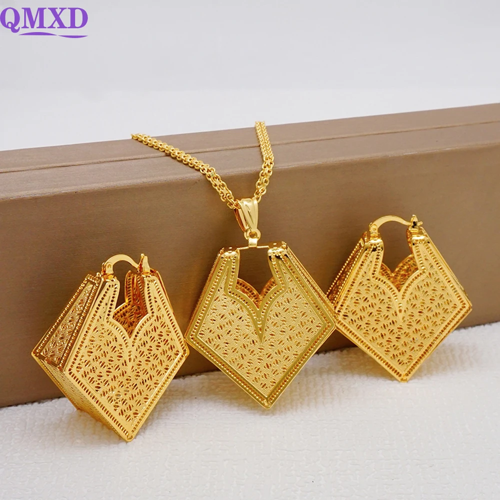 Trendy Dubai Unique Geometric Pendant Earrings & Necklaces For Women Gold Color Jewelry Sets Wedding Gifts Ethiopian Jewellery