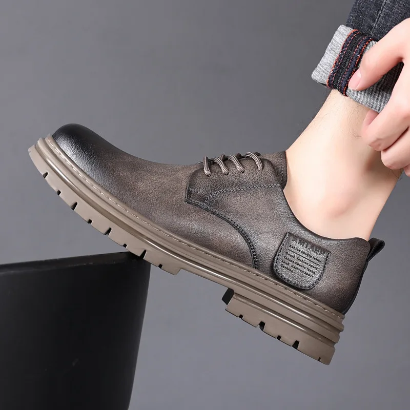 Spring Autumn Cow Leather Platform Shoes for Men New Designer Fashion Causal Solid Color Men's Dress Shoes Ankle Boots Male