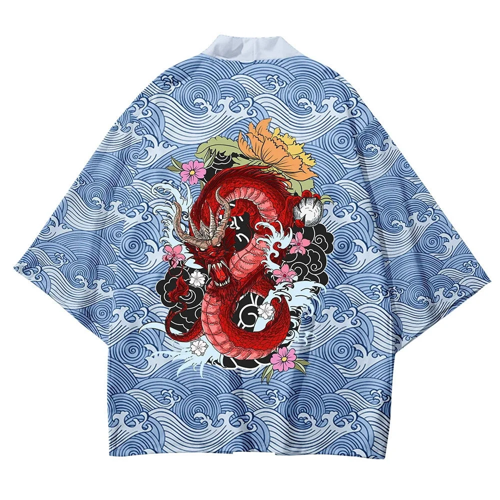 New Design Dragon Print Fashion Japanese Cardigan Haori Women Traditional Asian Clothing Cosplay Blue Shirts Yukata Beach Kimono