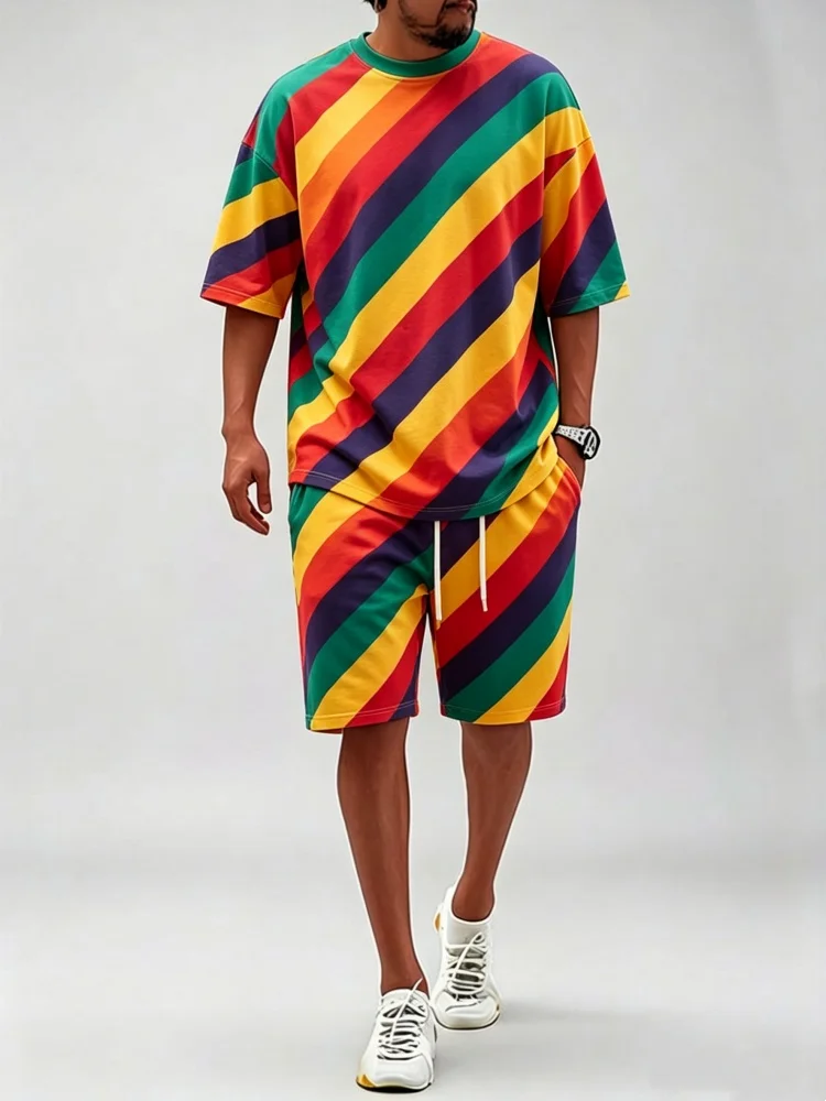 Men Oversized Crew Neck Short Sleeve Tee Drawstring Knee Length Shorts Rainbow Diagonal Stripe Print Casual Two Piece Set