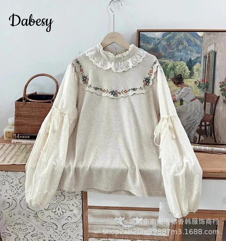 Vintage Embroidery Ruffled Lace Patchwork Kawaii Top Women Japanese Mori Girl Lantern Sleeve Cotton Lolita Blouse Autumn Clothes