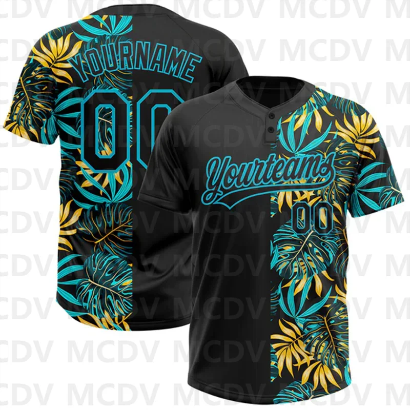 Custom Black Lakes Blue 3D Pattern Hawaii Tropical Palm Leaves Two-Button Unisex Softball Jersey image 3