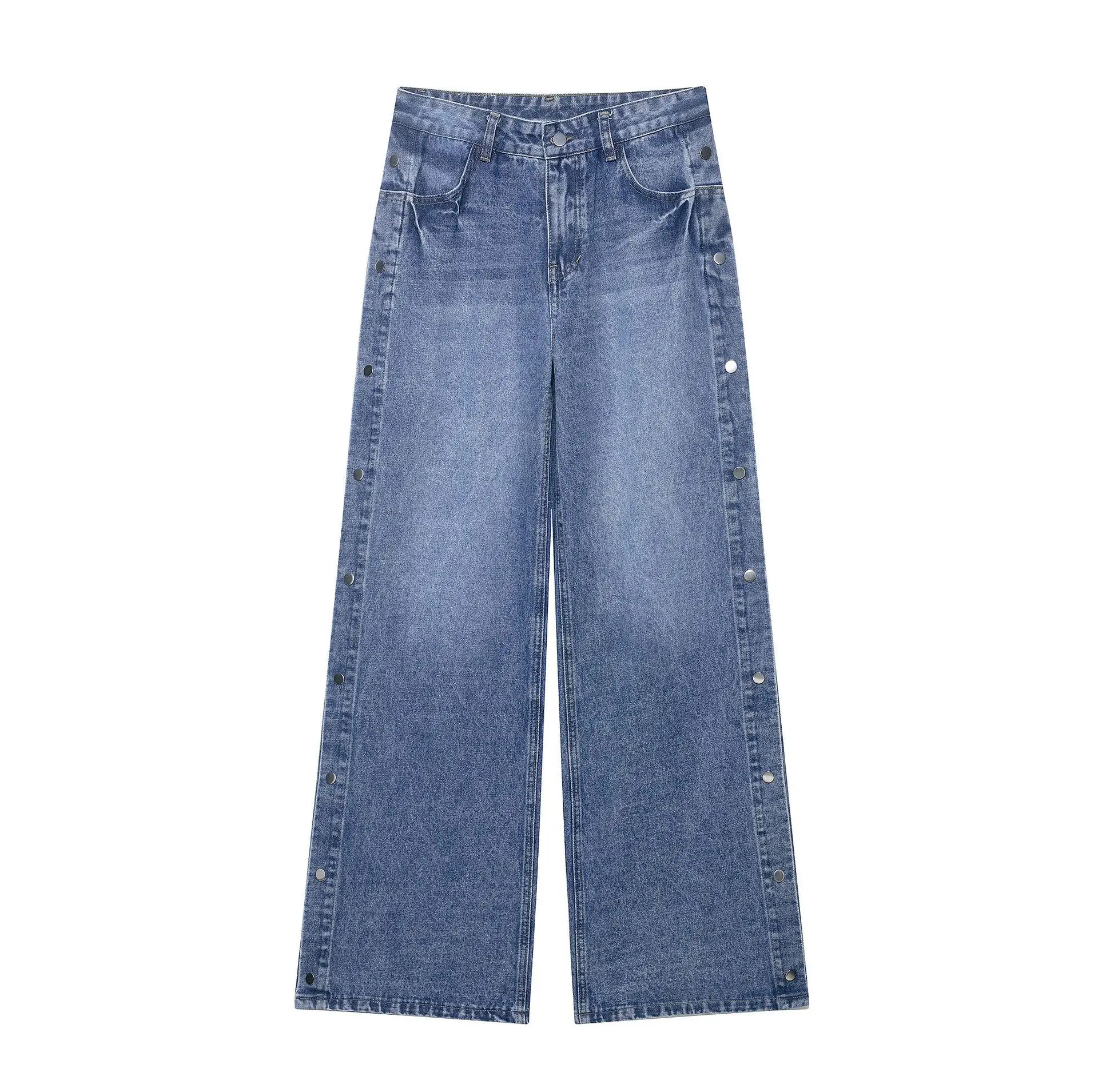 

ZBZA Woman's Denim Jeans Personality Retro loose Splicing Pocket zipper Side Slit Wide-leg Pants Street Summer Female Chic Pants