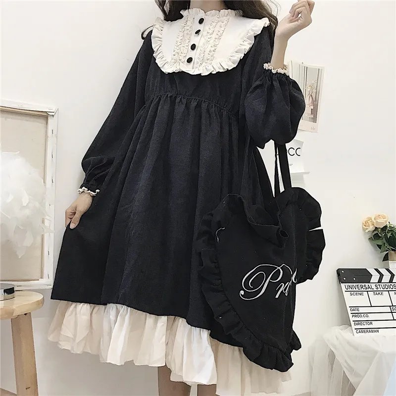 Japanese Lolita Style Women\'S Dresses Spring Autumn O-Neck High Waist Slimming Contrast-Color Ruffled Sweet Dress Kawaii Clothes