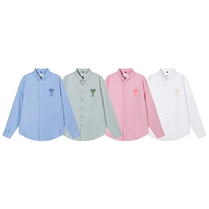 AMI Little Love Embroidered Shirt Casual Loose and Versatile Couple's Cotton Long Sleeve Top