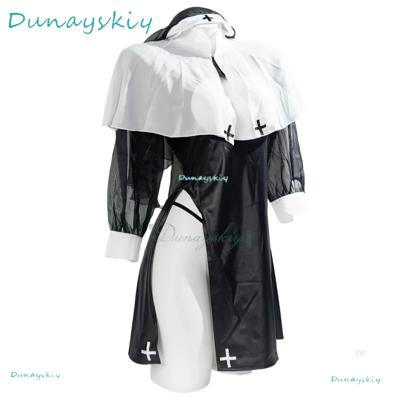[SUGOICOS]Women Sexy Nun Cosplay Costumes Halloween Breast Opening Exposure See-Through Lingerie Hollow Underwear Outfit Stockin