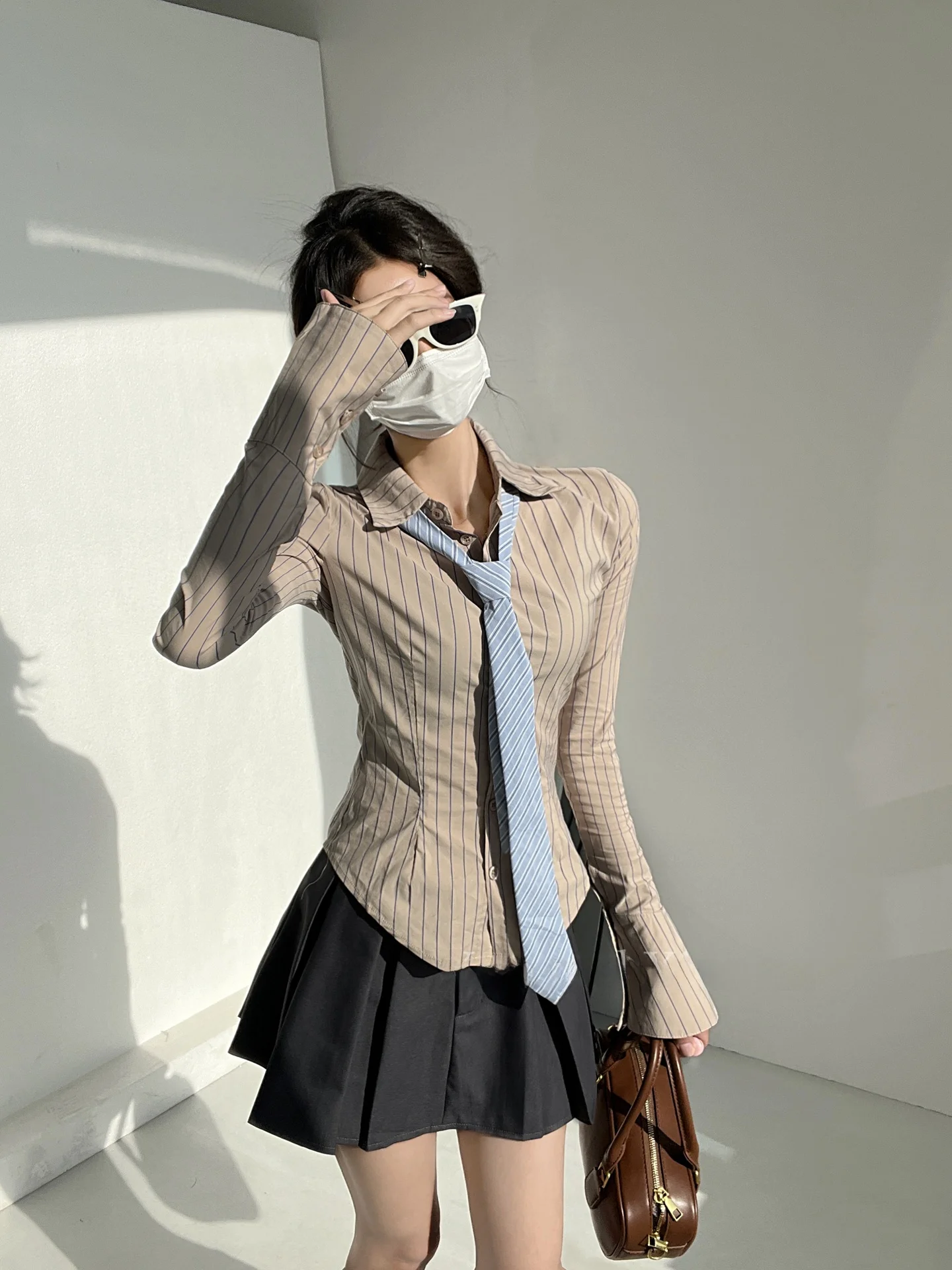 Rayé bleu irt femmes automne nouveau Sle collège Sle Long Sve coupe ajustée irt respirant respectueux de la peau longueur ort