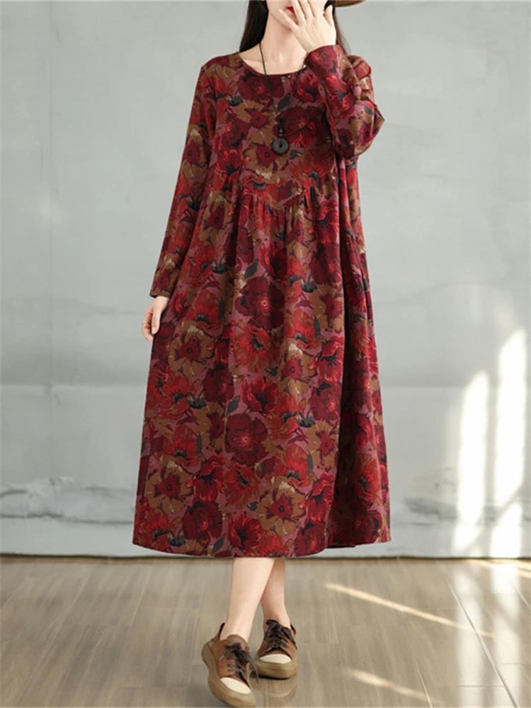 Spring Autumn Cotton Vintage Print Dresses 2024 Women Casual Loose Long Sleeve Dress Femme Robe Vestidos Elegant Fashion Clothes