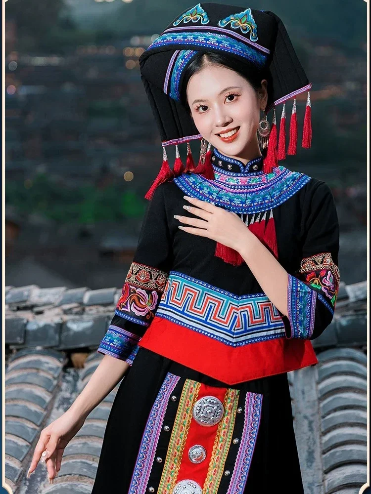 Vêtements de la minorité Yunnan pour adultes, vêtements traditionnels pour femmes, robe longue de littérature, danse Aa Ao Zhuang, nouveau, ensemble 3 pièces