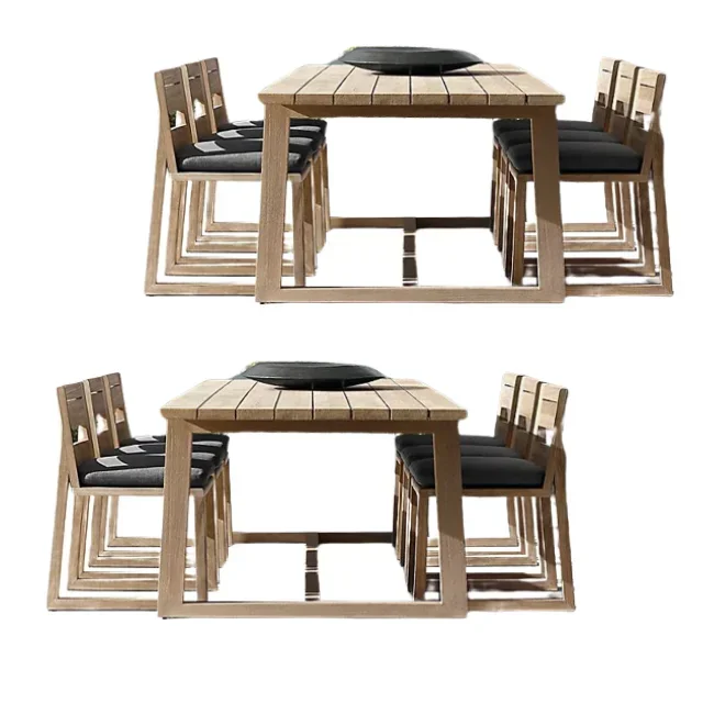 Modern Stylish Teak Solid Wood Dining Table Set High Quality Dining Set With Fabric Cushion Chairs Direct Factory