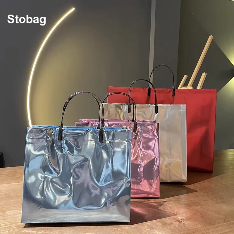 StoBag 10pcs Laser Shopping Tote Bag Woman\'s Shoulder Plastic Fashion Gift Wedding Pouches Portable Custom Logo(Extra Fee)