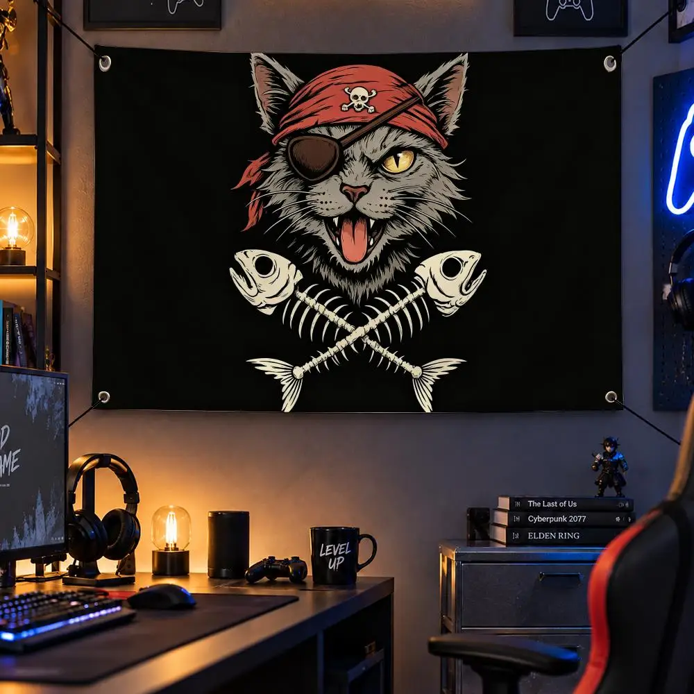 Art P-Pirate Cat Skull Flags Personalized Flag Room Dorm Camping Picnic Garage Bar Indoor Outdoor Wall Decor