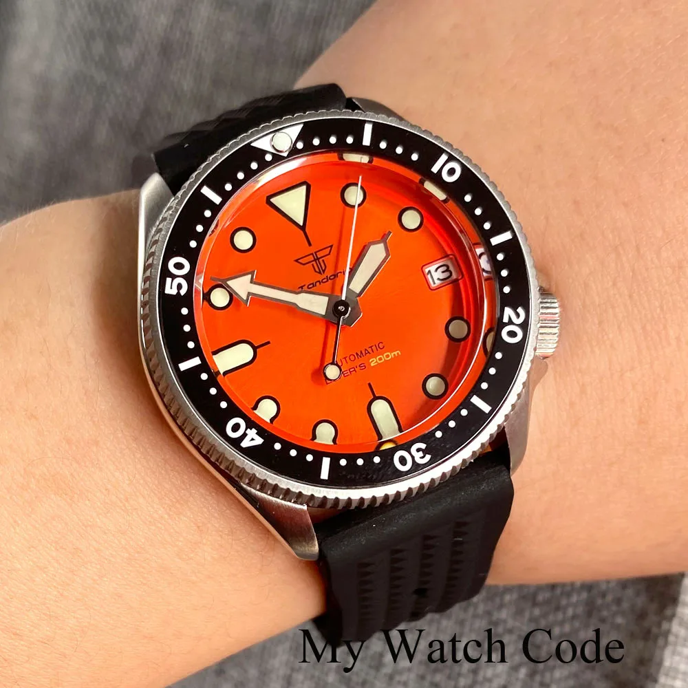 Montre mécanique en acier étanche pour homme, montre-bracelet de plongée orange Sunaged, horloge pour femme, bracelet gaufré, couronne 200, SKX013