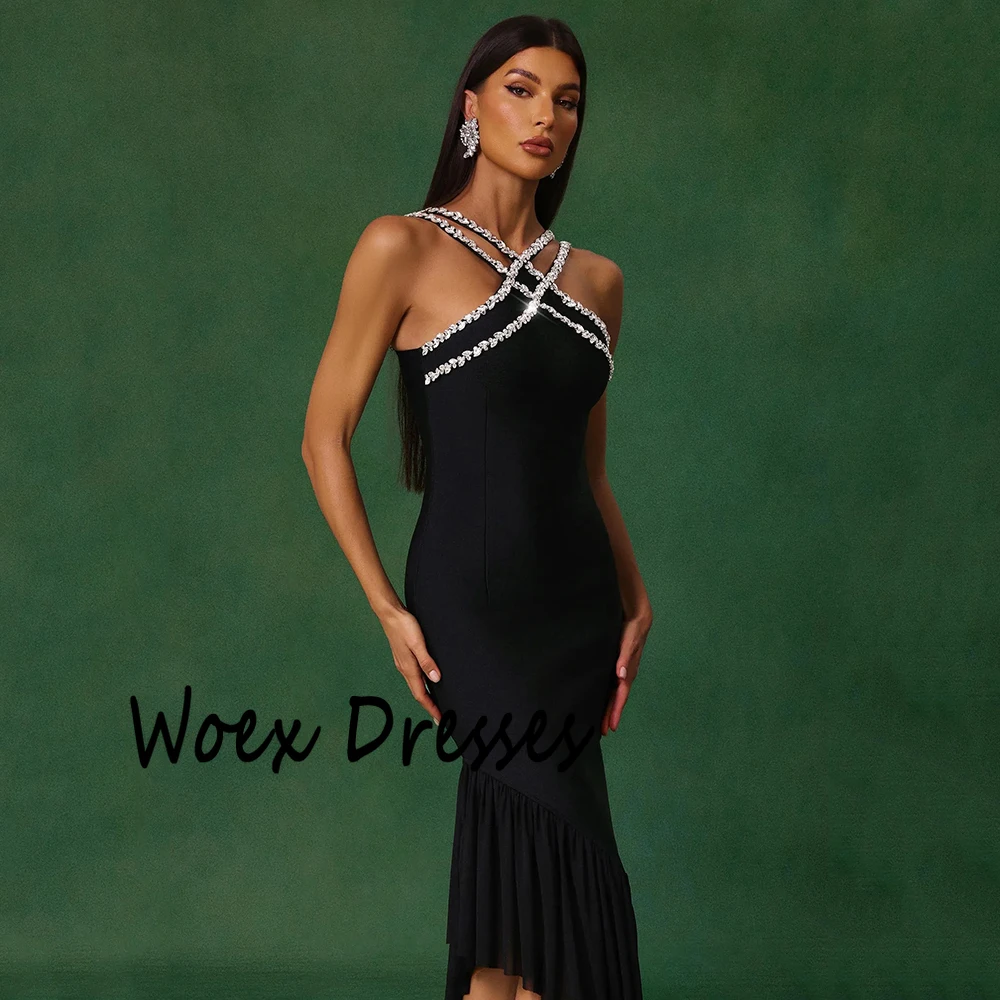 Customized Pure Color Simple Jersey Evening Dress Criss-Cross Sleeveless Party Dress Backless Tea-Length Prom Gown For Women