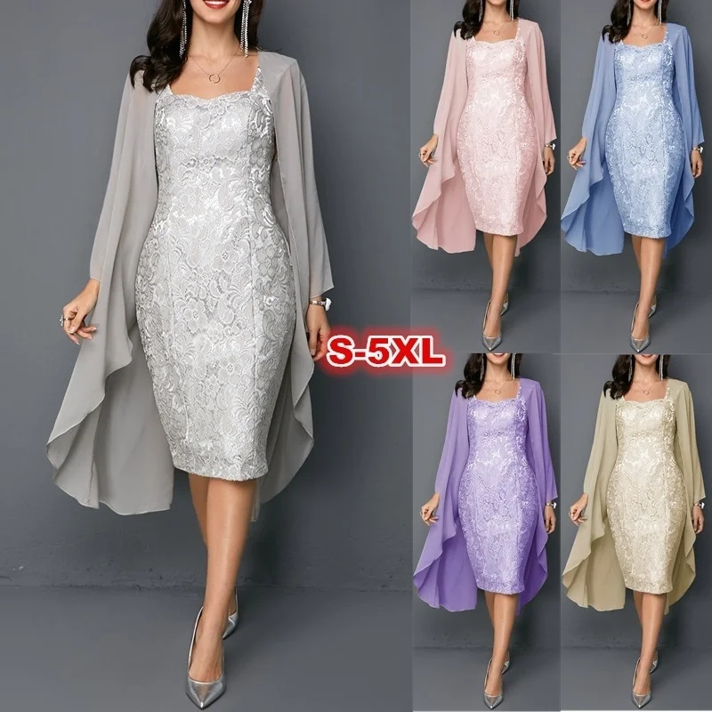 Mother of the Bride Dresses Gray 2 Pieces Lace Chiffon Sliver Jacket Elegant Wedding Evening Party Prom Dress Guest Gowns 2022