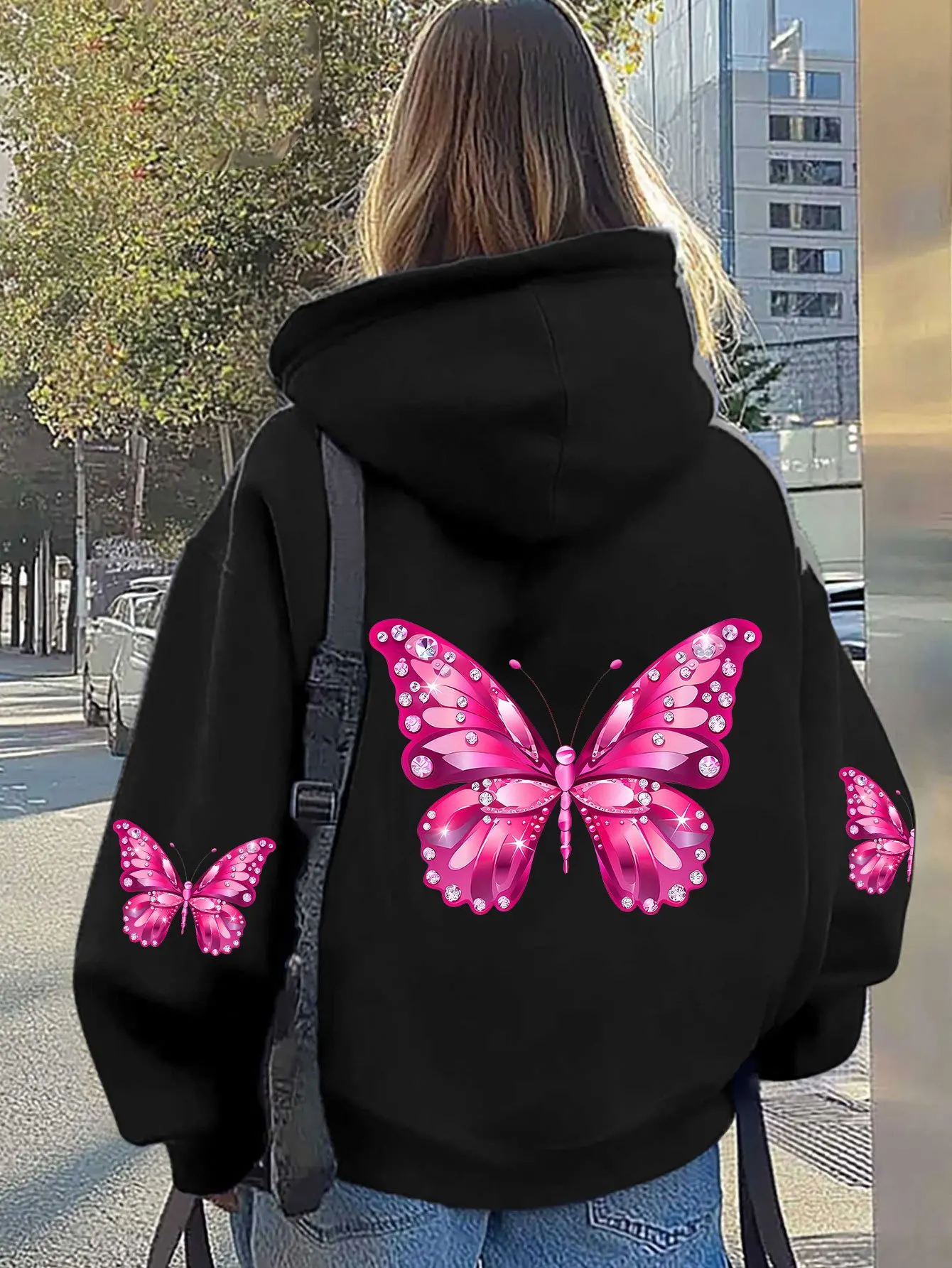 Women Butterfly Print Hoodie Unisex Autumn Winter Fleece Oversized Hooded Everyday Outdoors Hoodie for Any Occasion view 4