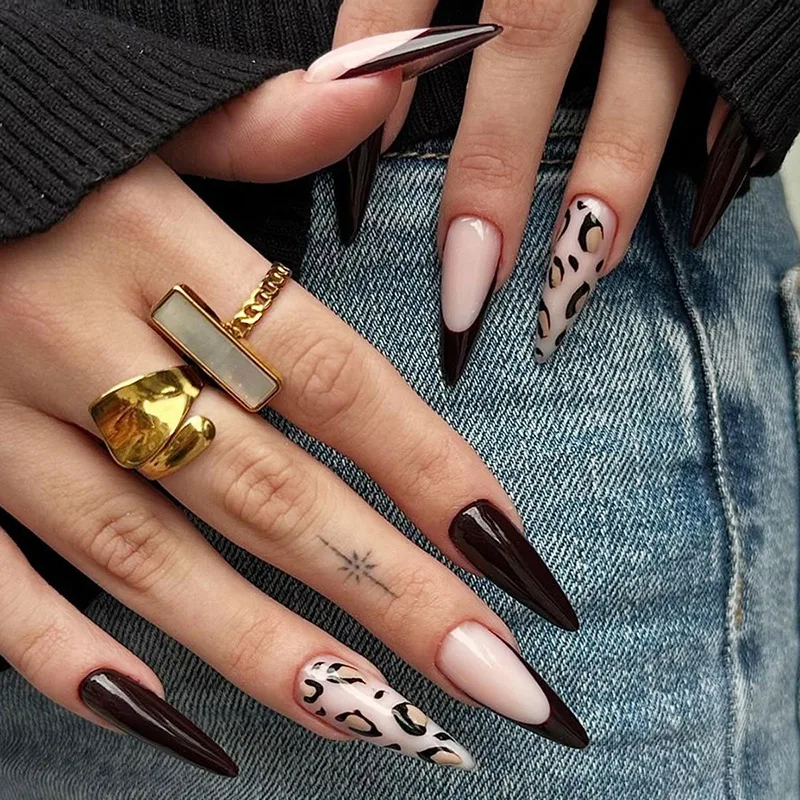 

24Pcs Long Stiletto Fake Nails Black French Leopard Print Full Cover Nails Tips Simple Reusable Artificial Press on False Nails