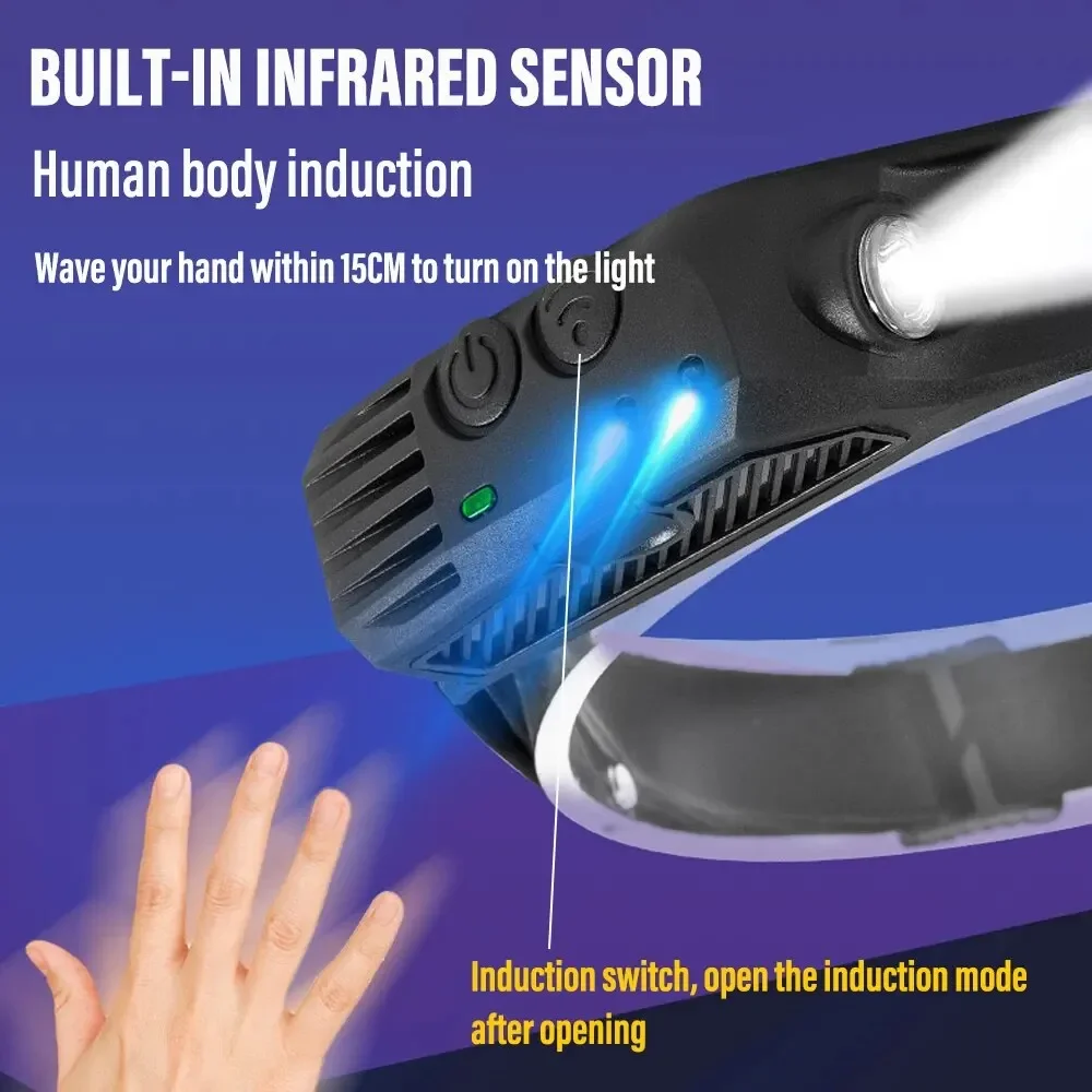 Lampe frontale à Induction COB LED capteur lampe frontale batterie intégrée lampe de poche USB Rechargeable lampe frontale 5 Modes d'éclairage phare