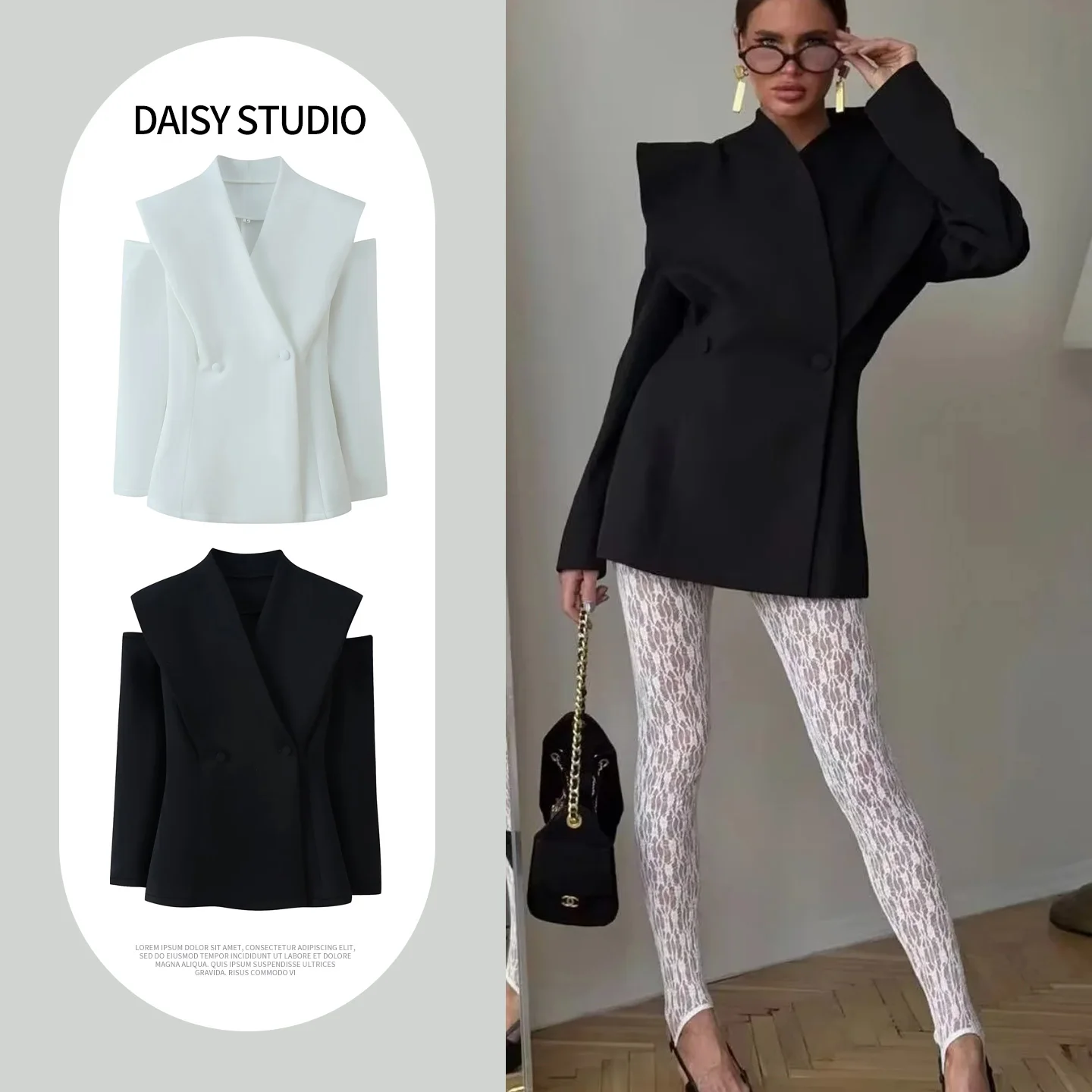 

Spring New Women's Slim Fit Suit Jaet Double Row Buttons oulder Bared Long Sve Commute Sle Polyester Fiber Tee But...