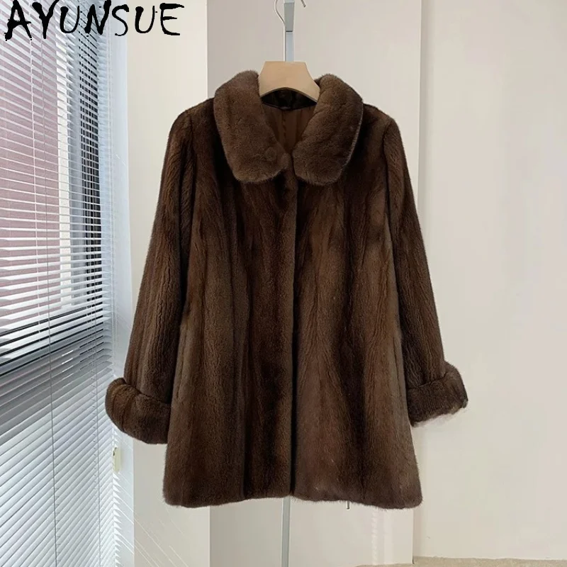 AYUSNUE Natural Mink Coat Women Clothes Swan Velvet Elegant Real Fur Winter Jacket Woman Loose Purple Label Шуба Натуральный Мех