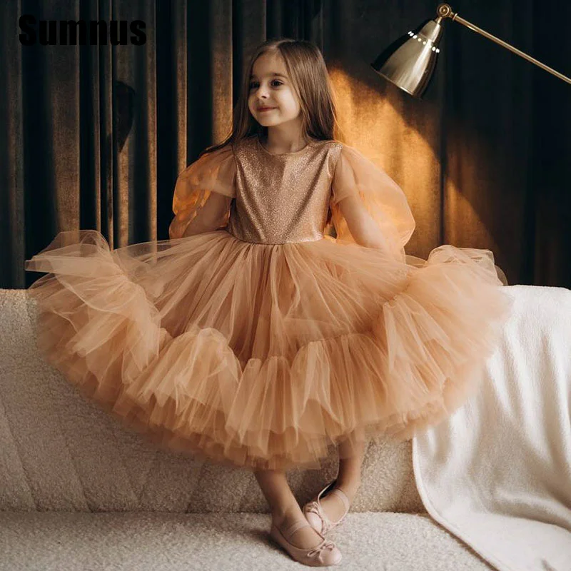 

SUMNUS Champagne A-Line Flower Girl Dresses Tiered O-Neck Puff Sleeves Wedding Occasion Gowns Customized 2025