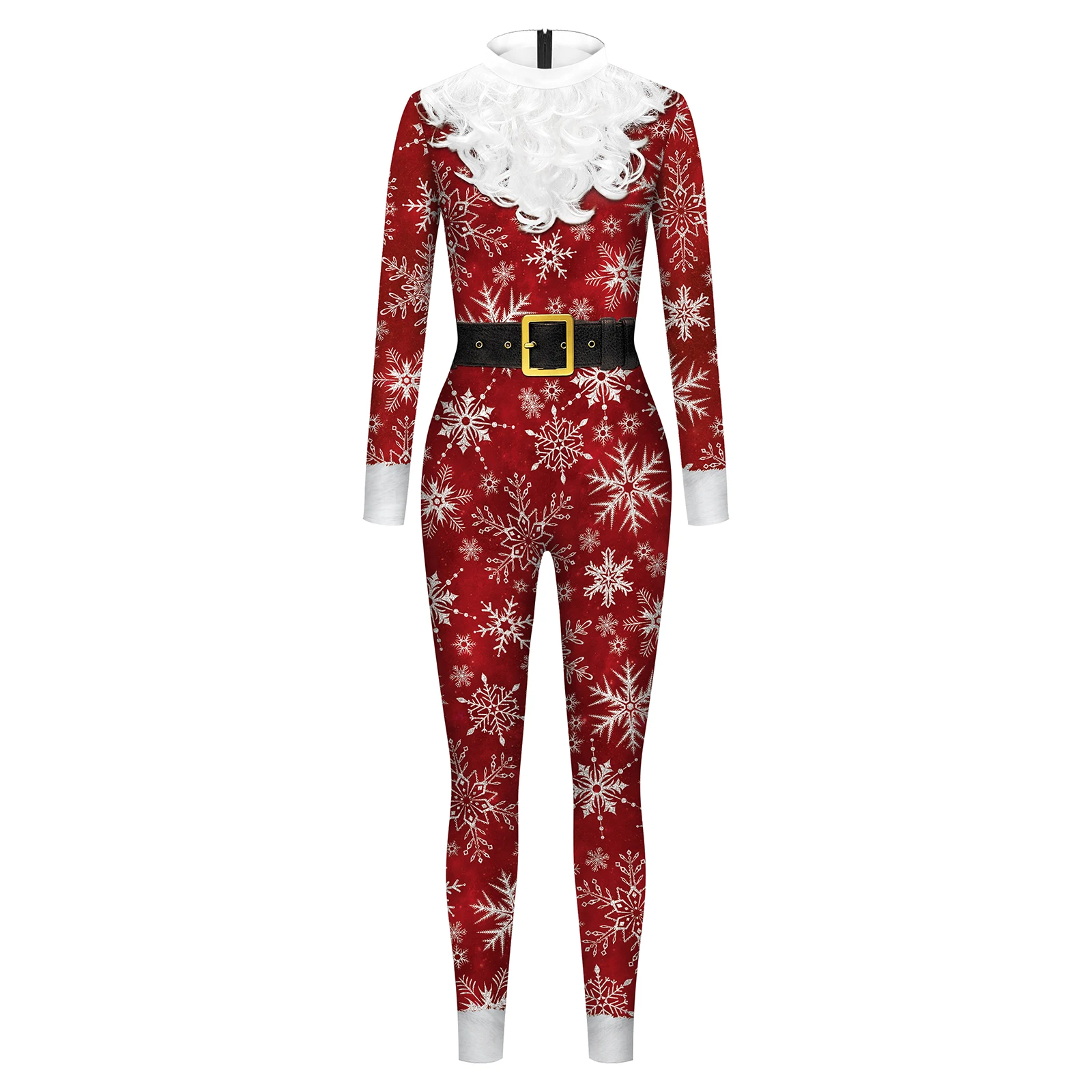 Women Men Christmas Jumpsuit Snowflake Print Bodycon Long Sleeve High Neck Bodysuit Costume