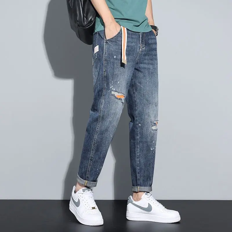 Jeans Berlubang untuk Pria Celana Panjang Rusak Longgar Longgar Robek Tren 2025 Kaki Lebar Mode Kpop Asli Xs Celana Koboi Pria Robek