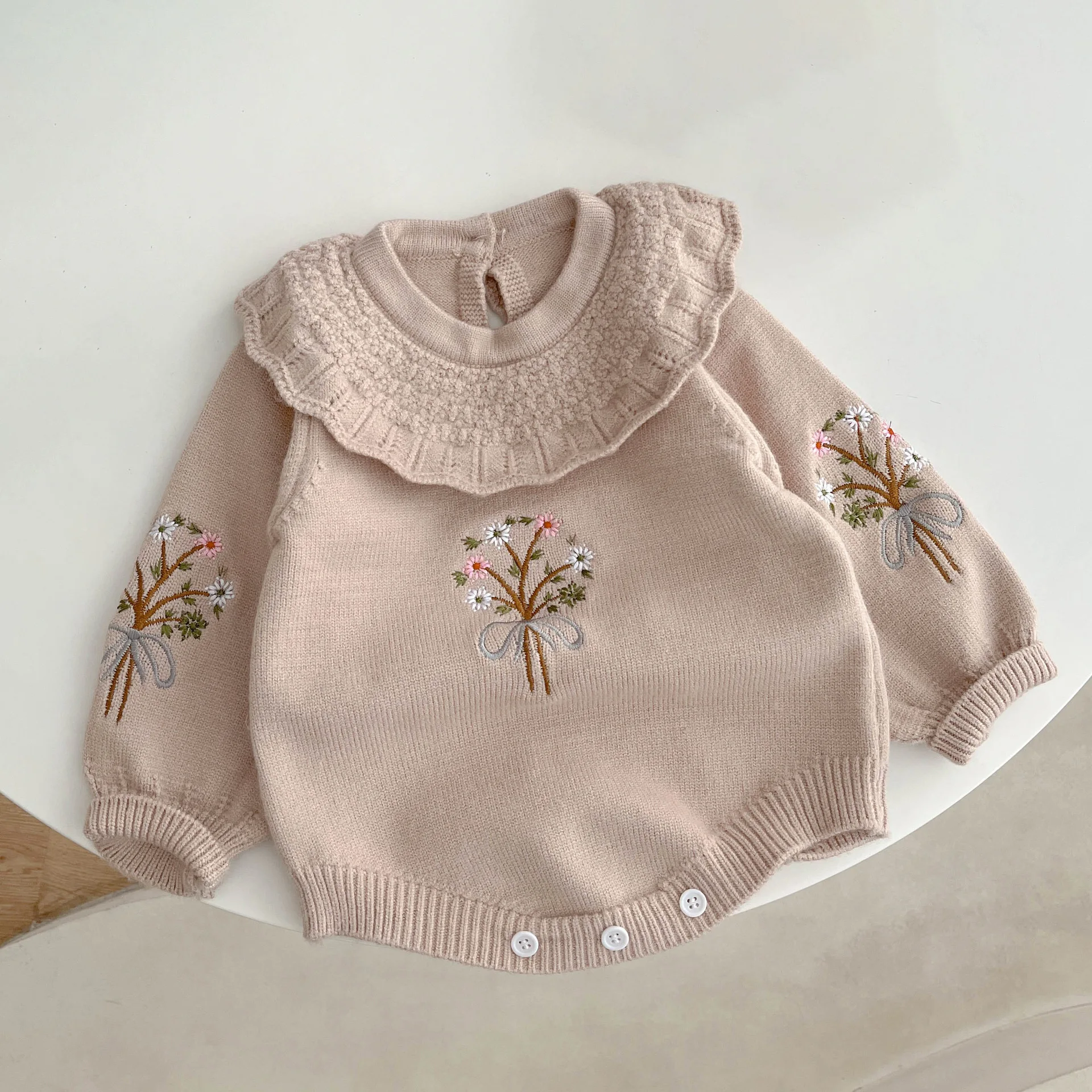 Baby Clothing 2024 Spring and Autumn Baby Knitted Lotus Collar Long-sleeved Clothes Girl Embroidered Sweater Casual Romper