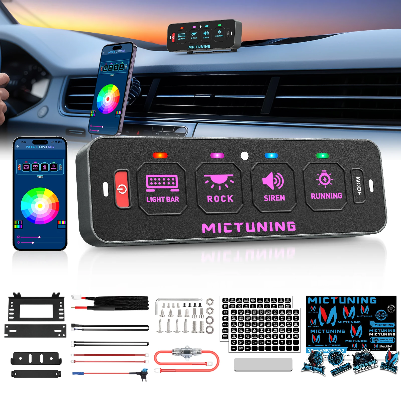 

MICTUNING MS-A RGB 4 Gang Switch Panel App Control , Multifunction Toggle Momentary Flash Strobe Circuit Control Relay System