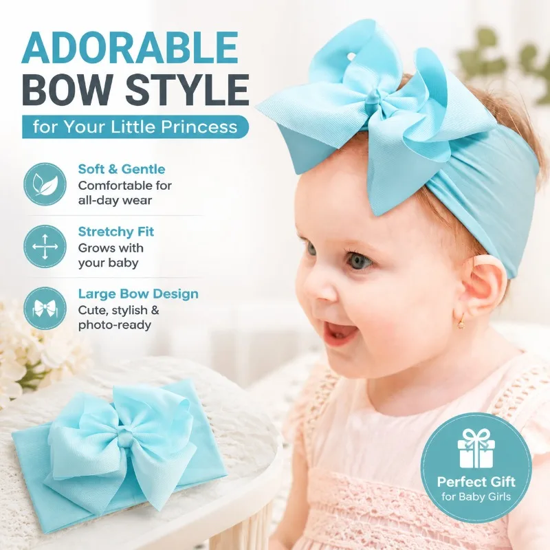 

Newborn Baby Girls Wide Nylon Turban Headband with Large Bow Elastic Hair Accessories Kids Headwear Gifts