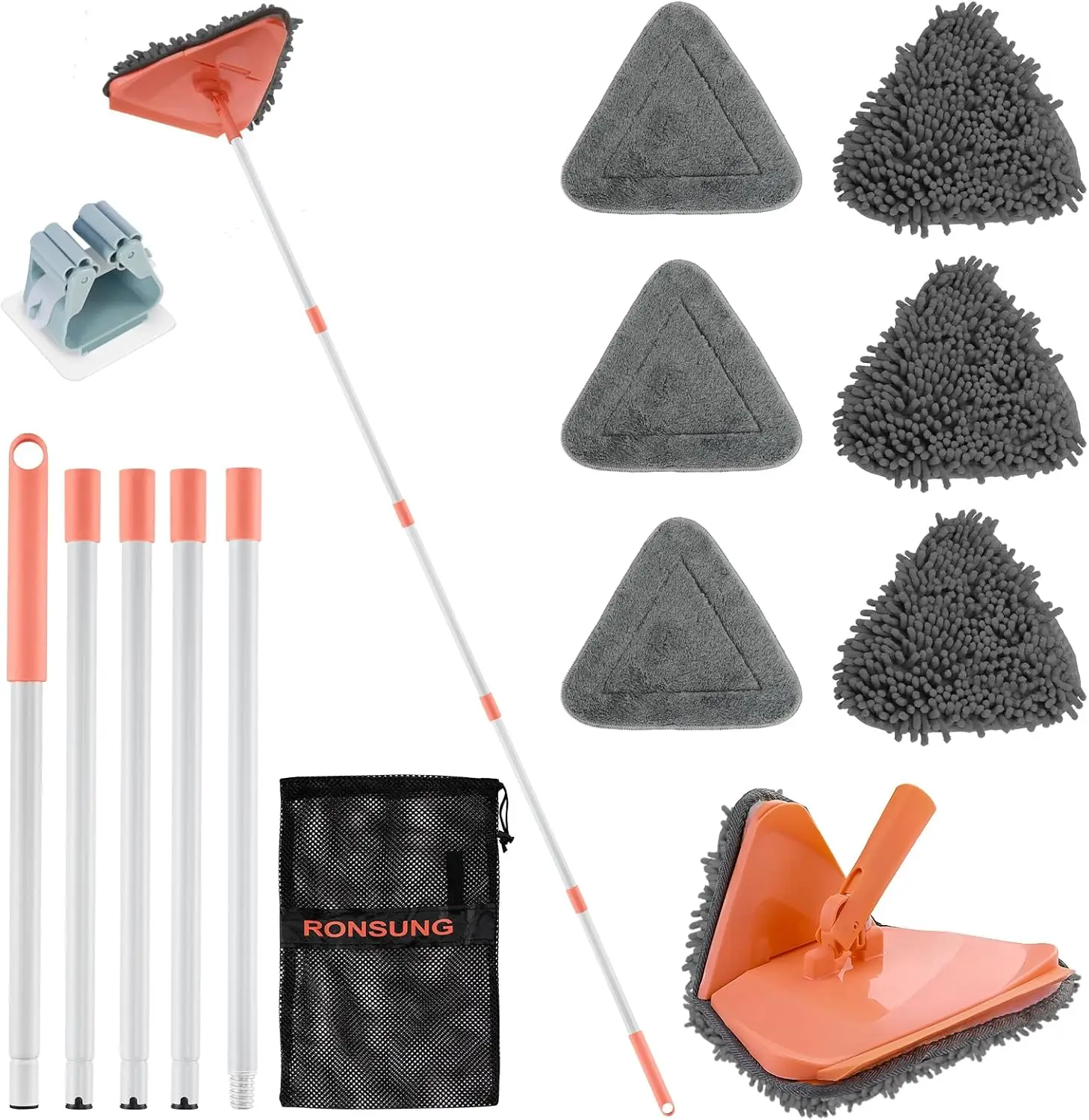 

Регулируемая швабра для мытья стен с ручкой 82 дюйма, 6 насадок для потолка, окон, полов - оранжевая