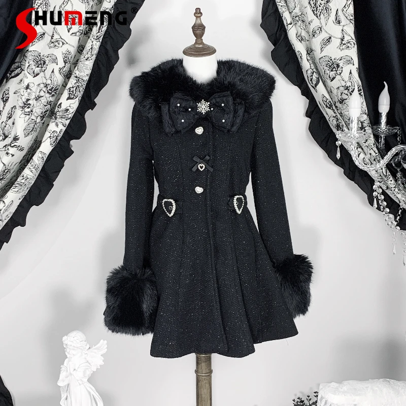 

Women's Clothes Warm Blends Jacket Japanese Winter New Lolita Sweet Single-Breasted Waist-Cinching Fur Collar Woolen Coat Female