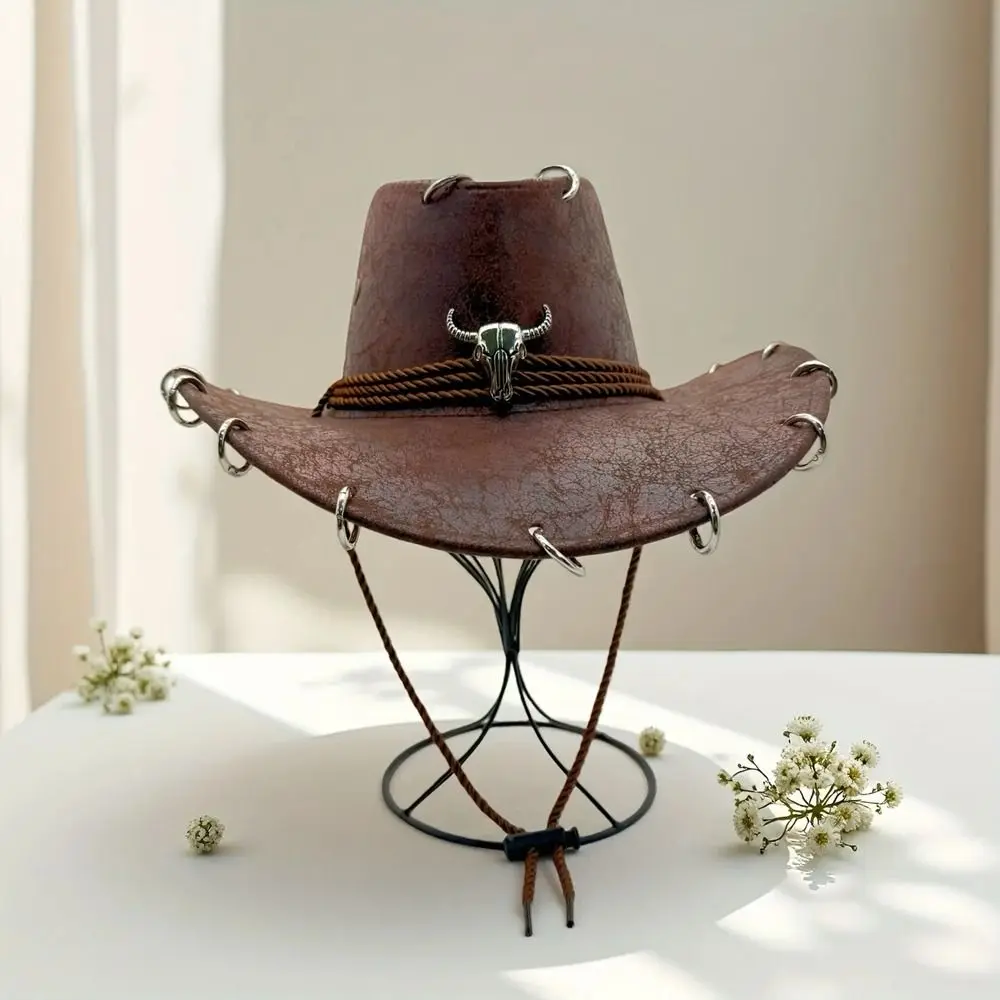 Shadow Hat Wide Brim Western Cowboy Hat Solid Color Ethnic Style Cowgirl Cap Punk Pu Leather Panama Cap Ladies