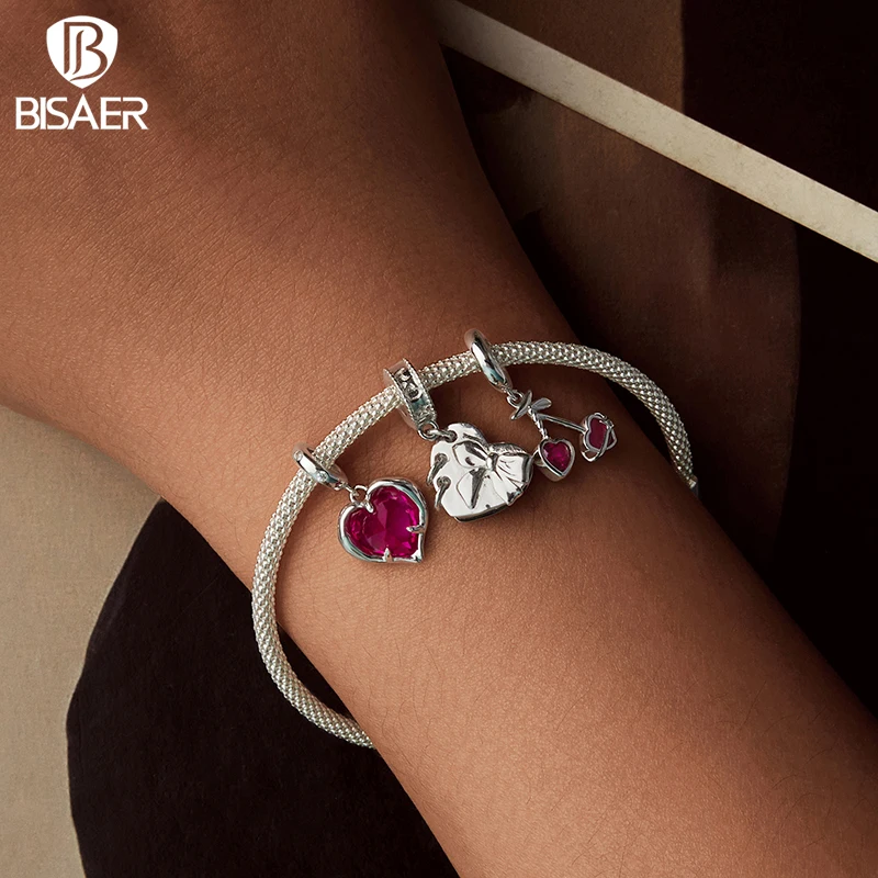 BISAER 925 Sterling Silver Heart Star Charm Forever Family Bead White Rose Pendant Fit Women DIY Bracelet Fine Jewelry Gift