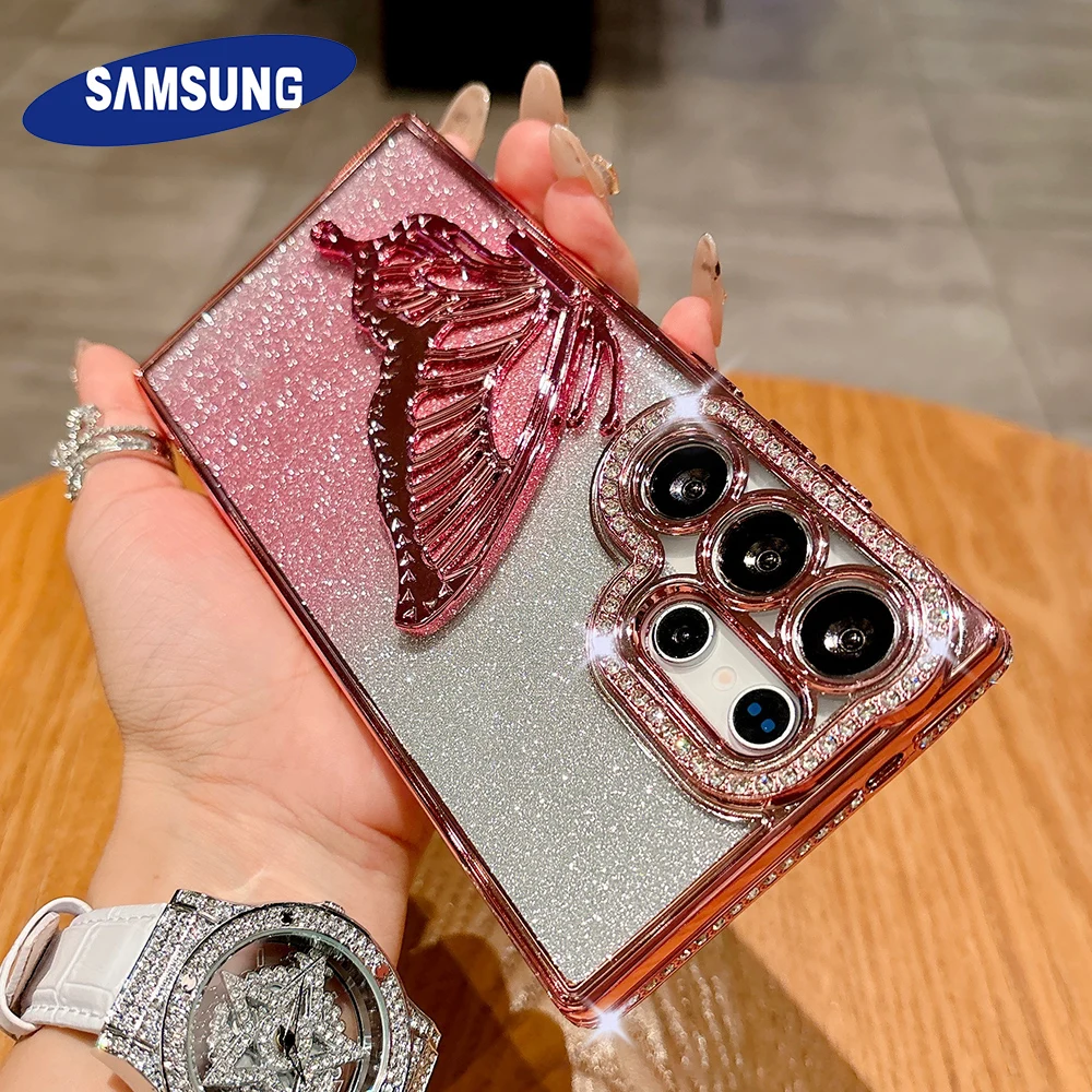 مرصع بالجواهر بريق بلينغ فراشة حامل حامل حافظة لهاتف سامسونج S25 S24 S23 الترا S22 زائد A73 A54 A35 A16 غطاء خلفي مقاوم للصدمات #1