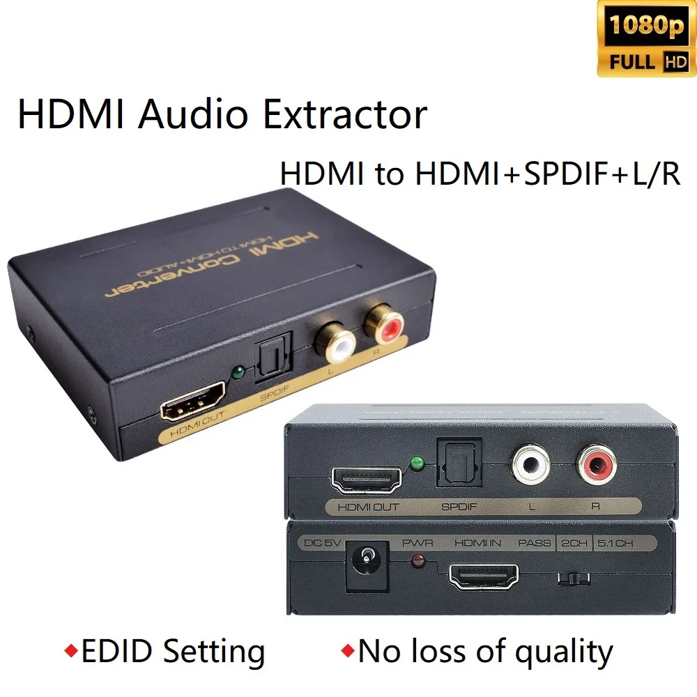 

1080P HDMI-compatible To HDMI Audio SPDIF/RCA Stereo Premium Quality Digital 5.1 2CH R/L EDID Set HDMI Audio Extractor Converter