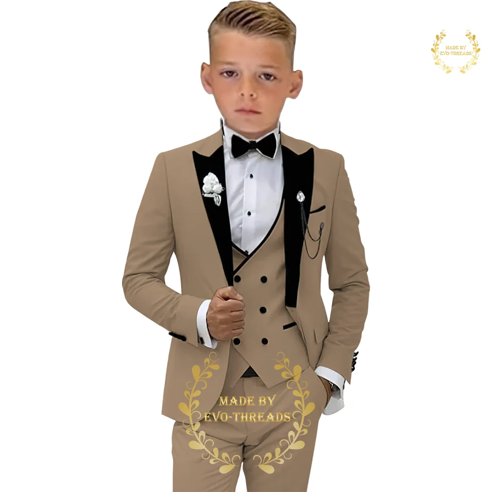 ZHIO Boys 3 Piece Wedding Suits ( Jacket Vest Pants) Peaked Lapel Blazer Camel Casual Tuxedo Toddler Dress for Kids, Custom