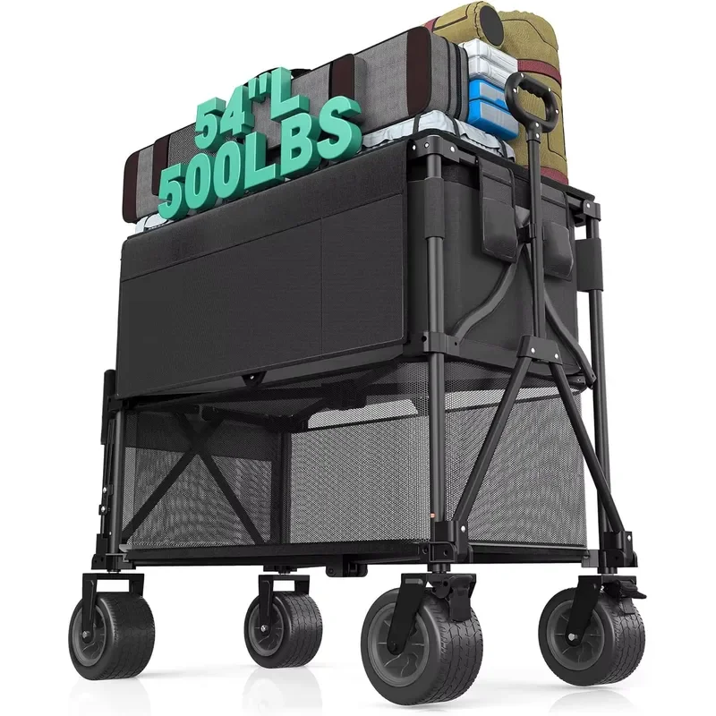 STLF Collapsible Outdoor Utility Wagon Cart 500LB Capacity Shopping Adjustable Handlebar Foldable Four-Wheel Stable Durable