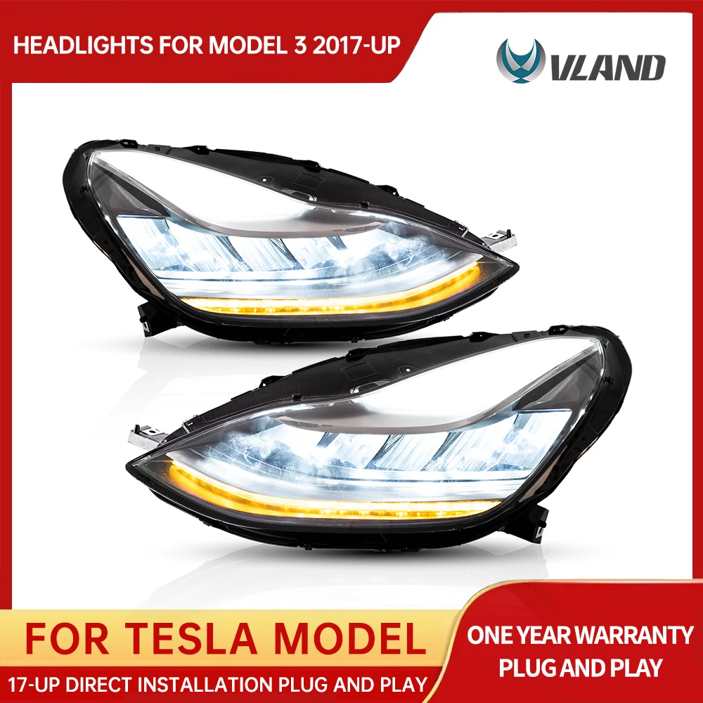 VLAND Auto Headlight LED Lens Headlight Assembly Blue Color Integrated For Tesla Model 3 2017 2018 2019 2020 2022