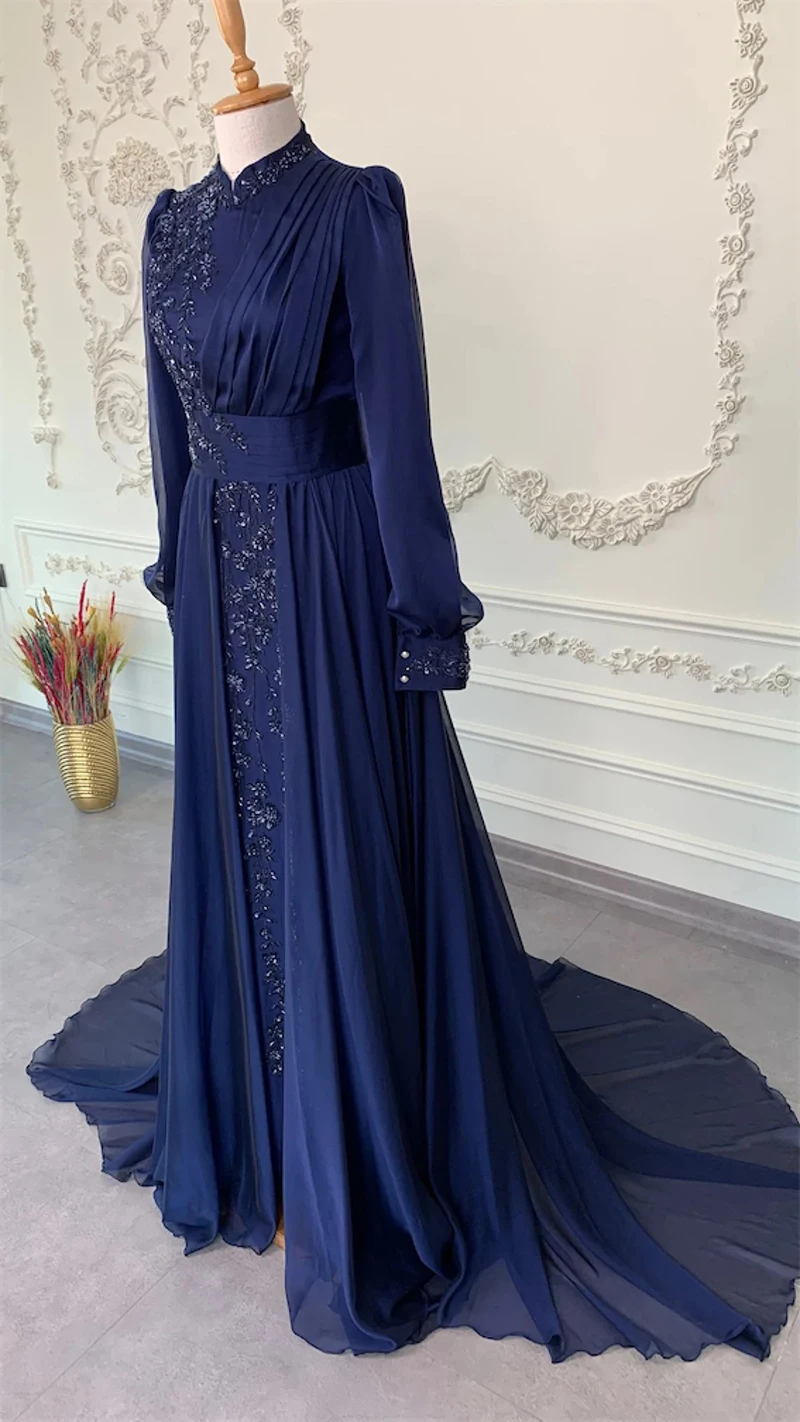 Royal Blue Long Sleeve Muslim Hijab Evening Dresses High Neck Moroccan Caftan Chiffon Appliques Formal Party Gown Robe De Soiree