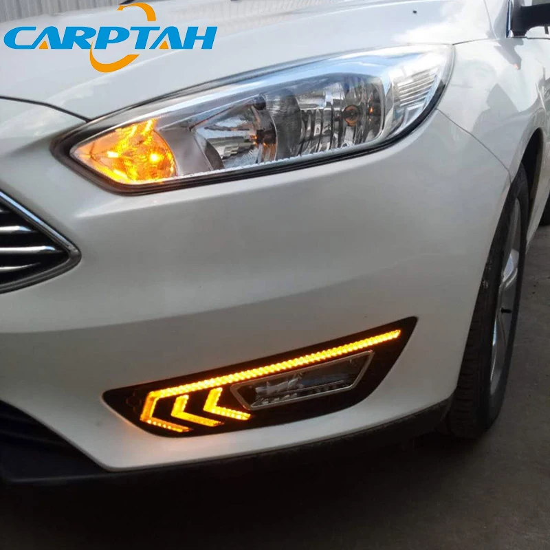 Car LED DRL 12V Daylights For Ford Focus 2015 2016 2017 2018  Yellow Turn Signal Daytime Running Light Car Foglamp