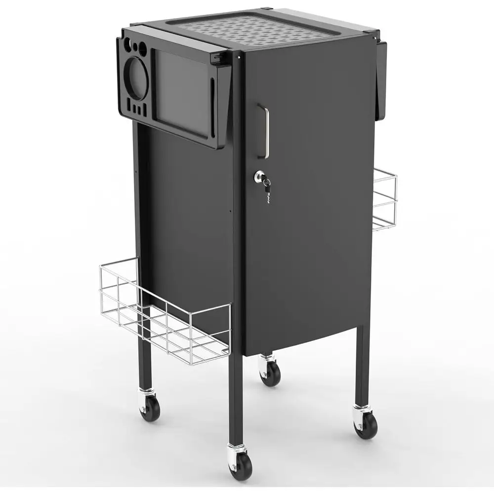 

Компактная тележка на колесиках с запираемыми 5 лотками, 2 складными держателями и 2 корзинами для хранения в салоне и парикмахерской Essential