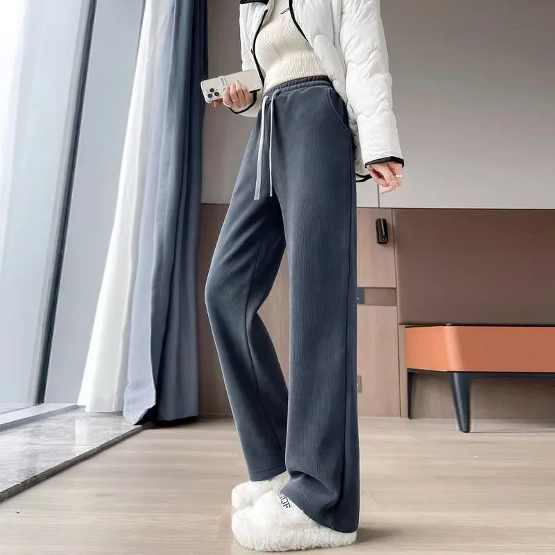 Women Corduroy Narrow Wide Leg Pants Fleece Lined High Waist Elastic Waist Straight Trousers Autumn Winter