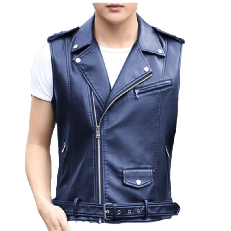 Black Collar Sleeveless PU Vest Jacket Men's Single-breasted Up and Down with Pockets Faux Leather Vests Coat S M L XL XXL XXXL