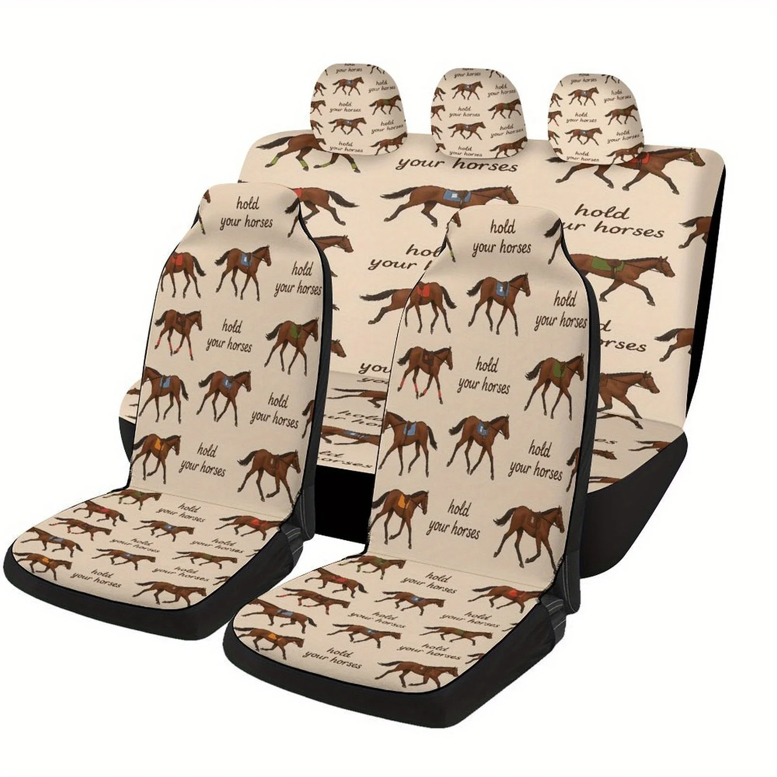 

Hold Your Horses" Themed Car Seat Cover Set - Stylish, Durable Polyester, Machine Washable, Full Coverage For Front & Rear Seats