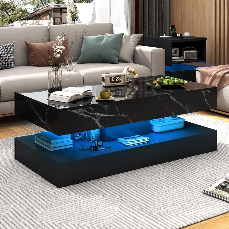 47inch Large HighGlossy LED Coffee Table with 2 Sliding Drawers Living Room Storage Tables with Marbling Print Modern Stylish D