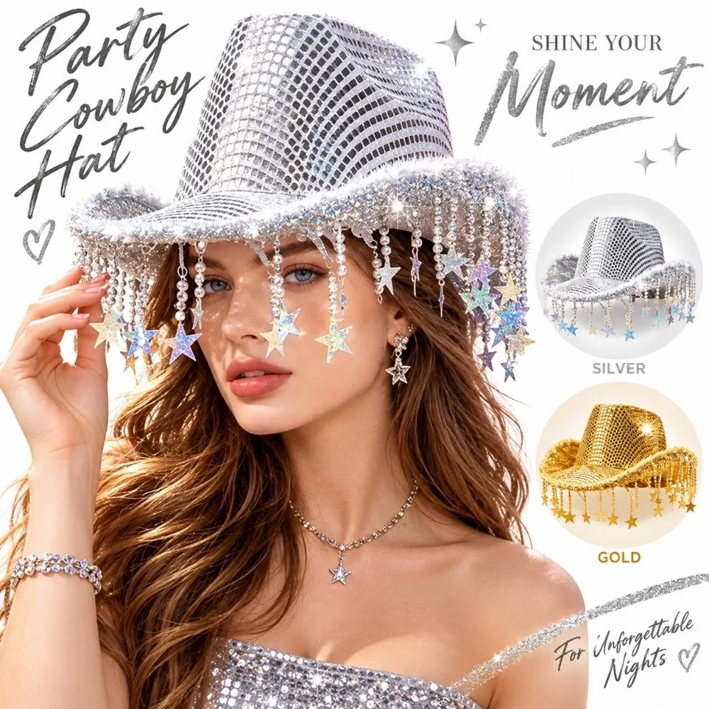 Tassel Decoration Rhinestone Cowboy Hat Sparkling Glitter Fabric Rhinestone Band Rhinestone Cowgirl Hat Structured Fit